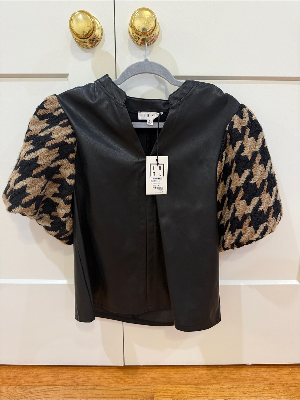 THML Black Faux Leather Top with Beige-and-Black Houndstooth Puff Sleeves